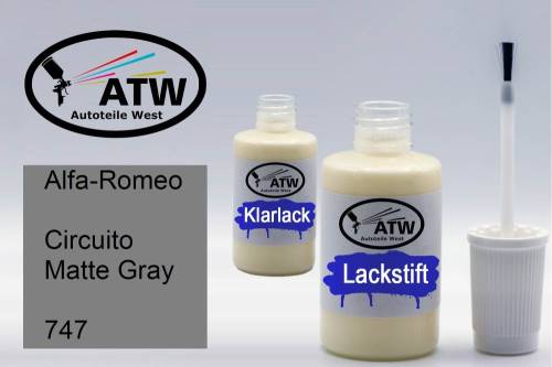 Alfa-Romeo, Circuito Matte Gray, 747: 20ml Lackstift + 20ml Klarlack - Set, von ATW Autoteile West.